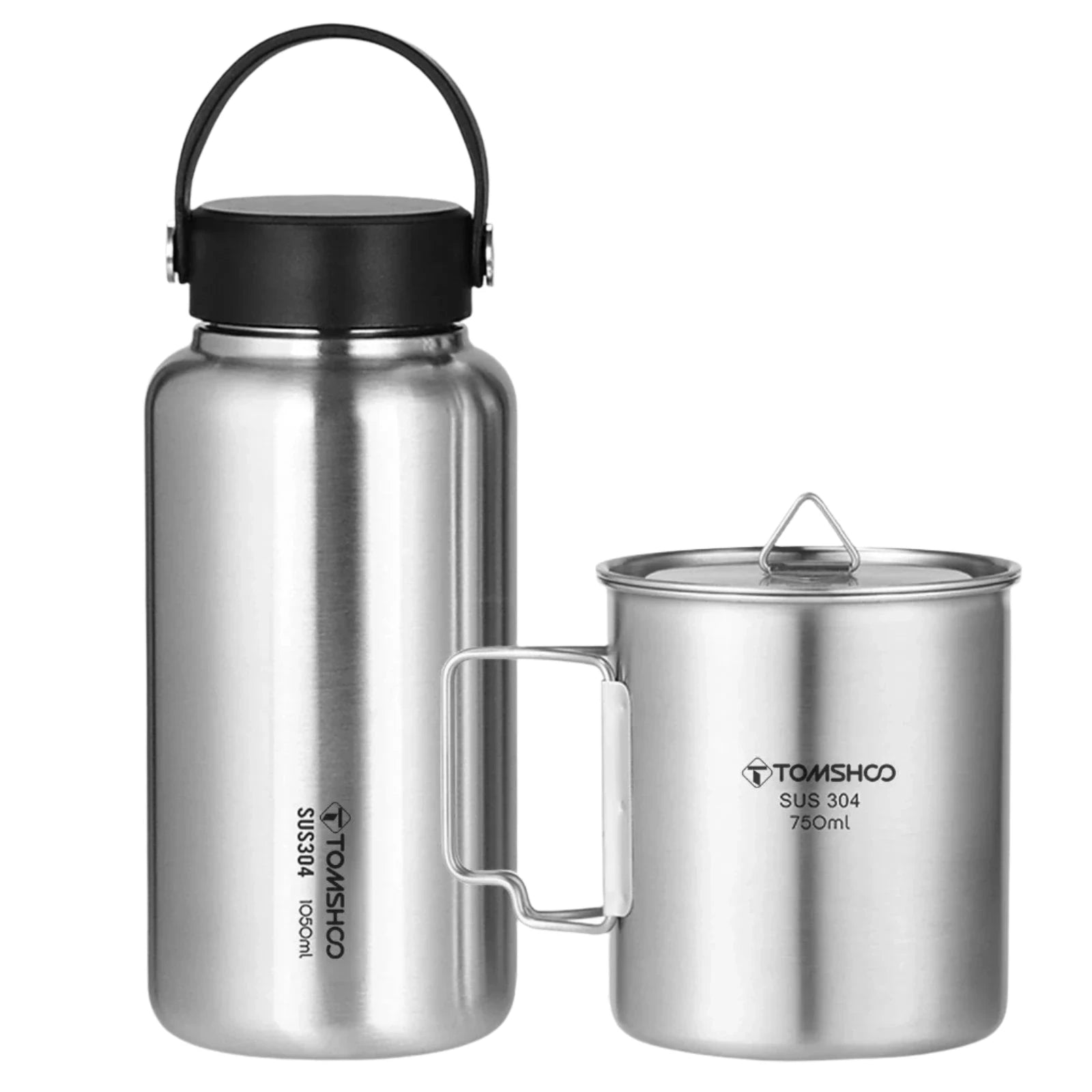 New Design TOMSHOO 1050ml Leak Proof Sports Kettle Stainless Steel Water Bottle with 750ml Cup Coffee Mug Hanging Pot for Camping Tourist