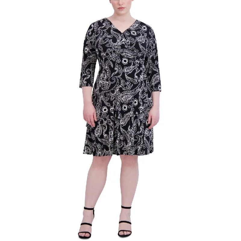 Trendy Casuals Robbie Bee Women's V Neck 3/4 Sleeve A Line Dress Black Size 2X