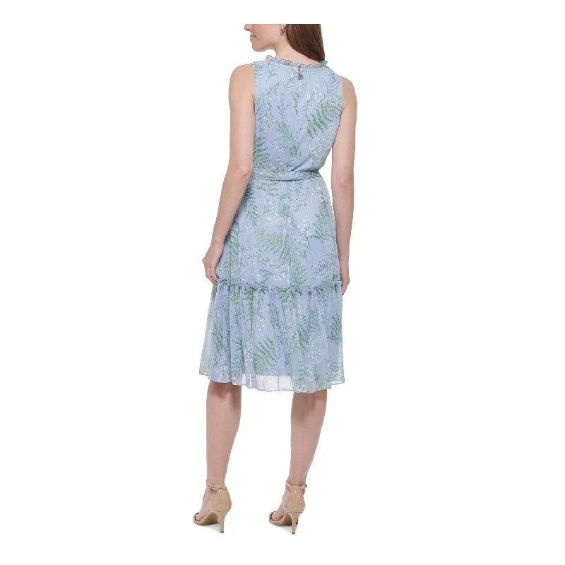 Minimalism Tommy Hilfiger Women's Zippered Ruffled Tie Belt Floral Sleeveless Round Neck Midi Fit Flare Dress Blue Size 8
