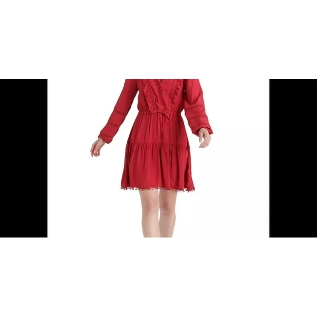Classic Series Lucky Brand Women's Lace Detail Long Sleeve Crepe Dress Red Size X-Small
