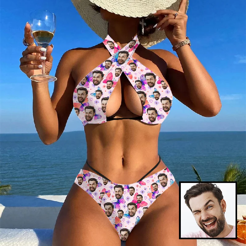 Youthful Custom Face Butterfly Bikini Personalized Women's Crossover Halterneck Bikini Set Swimsuit Bathing Suit