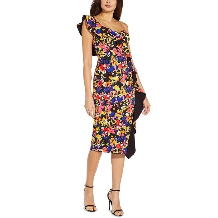 Comfortable And Casual Aidan By Aidan Mattox Women's Floral Print Ruffled One Shoulder Dress Black