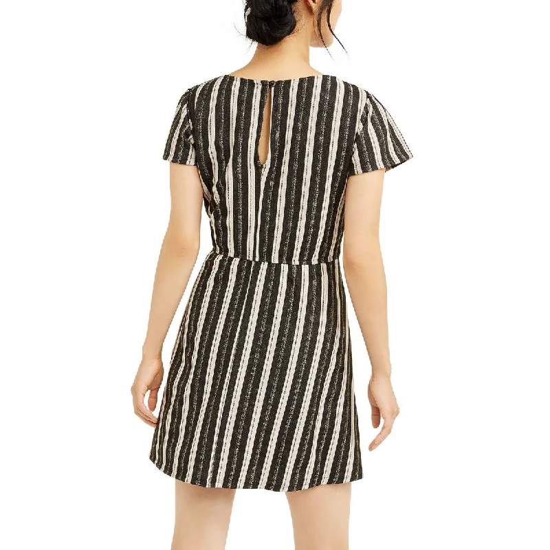 British casual Crystal Dolls Women's Striped Short Sleeve V Neck Short Fit Flare Dress Juniors Black Size S