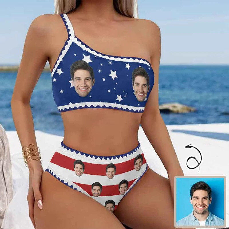 Fashionable Ease Custom Face American Flag Bikini Set Personalized One Shoulder Spaghetti Strap Two Piece Swimsuits
