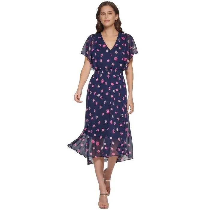 New Autumn And Winter Styles Dkny Women's Floral Flutter Sleeve Midi Dress Blue Size 2