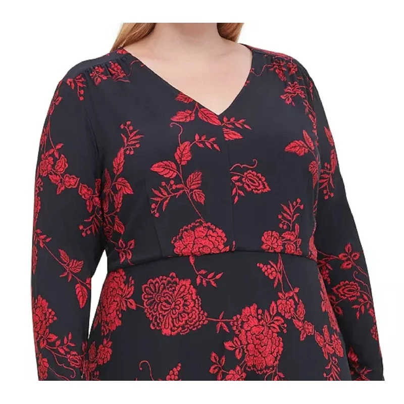 Integrated Design Tommy Hilfiger Women's Floral Long Sleeve V Neck Below The Knee Fit + Flare Wear To Work Dress Black Size Small