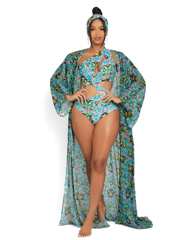 Elegant And Elegant The Mondrian Teal Abstract Water Color Kimono