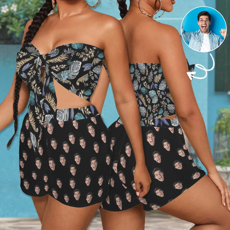 Independent design Custom Face Leaves Pattern Personalized Women's Tie Front Tube Top & Shorts Set - Black Independent design Custom Face Leaves Pattern Personalized Women's Tie Front Tube Top & Shorts Set - Black