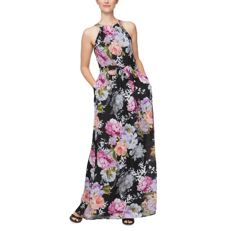 Exquisite Embroidery Sl Fashions Women's Belted Halter Maxi Dress Black Size 12