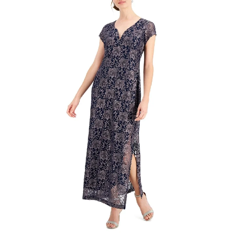 Retro Woolen Jacket Connected Women's Printed Lace Gown Blue Size 8