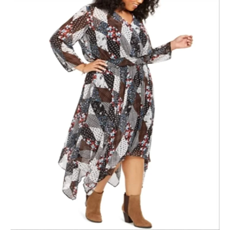 Ultra-lightweight Tommy Hilfiger Women's Printed Long Sleeve V Neck Maxi Sheath Dress Black Size 0X