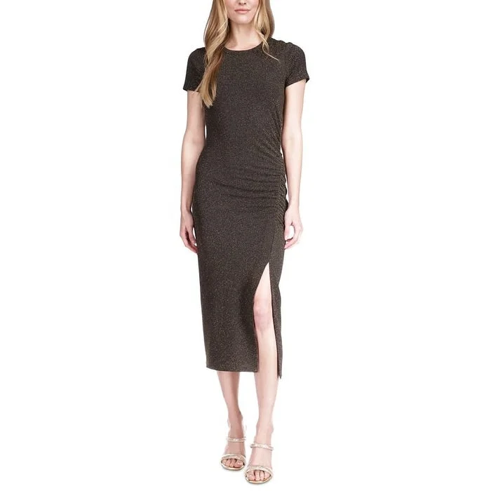 Retro Skirt Design Michael Kors Women's Metallic Ruched Midi Dress Black Size Small