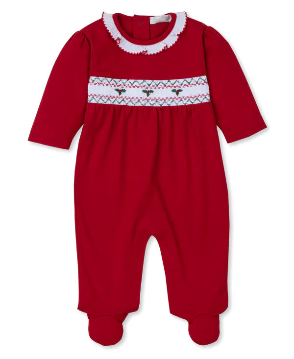 Elegant And Simple Kissy Kissy Ruffle Collar Smocked Footie with Holly in Red
