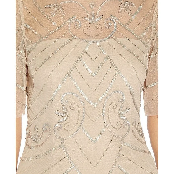 High-end Sense Papell Studio Women's Beaded Elbow-Sleeve Gown Beige Size 6