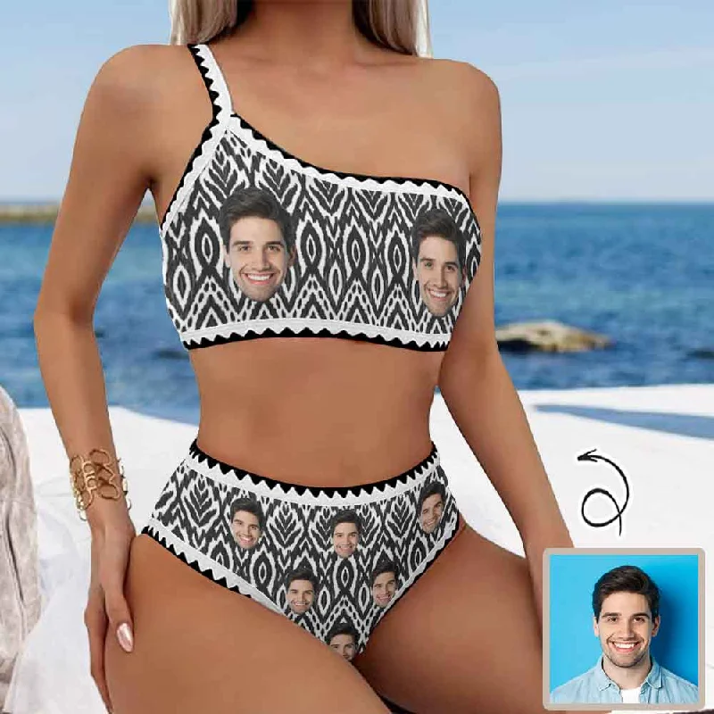 Classic Design Custom Face Black Leaves Bikini Set Personalized One Shoulder Spaghetti Strap Two Piece Swimsuits