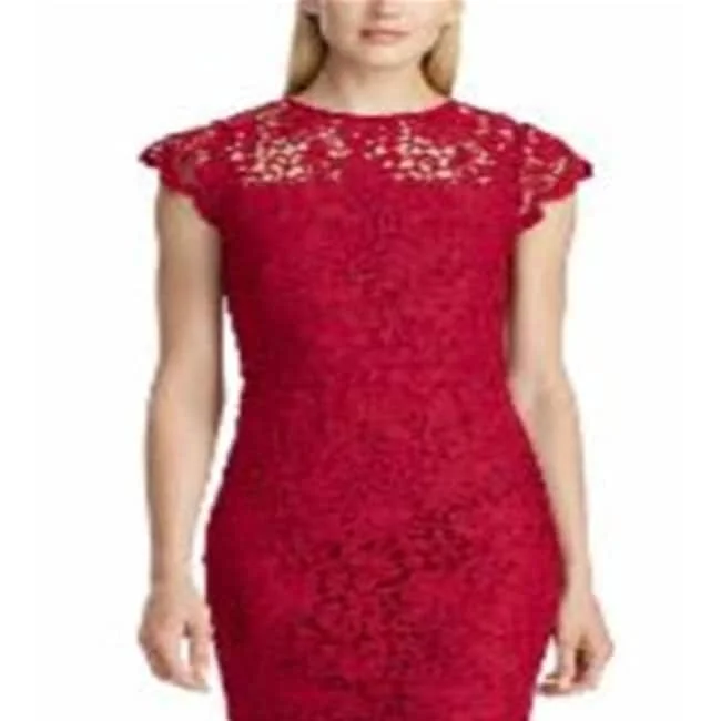 Celebrity Style Ralph Lauren Women's Sleeveless Illusion Neckline Midi Sheath Wear To Work Dress Red Size 6