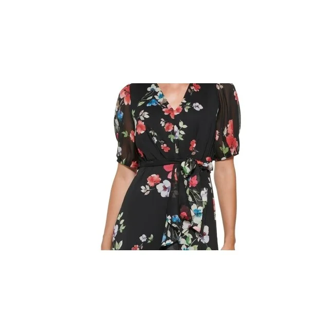 Stretch Design Dkny Women's Floral Print Ruffled Midi Dress Black Size 2