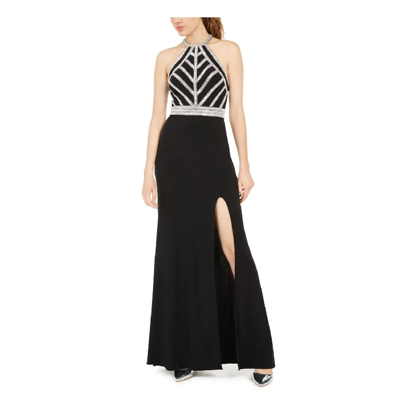 Fashion Style Blondie Nites Women's Beaded Slitted Spaghetti Strap Grecian Neckline Full Length Fit Flare Party Dress Black Size 5