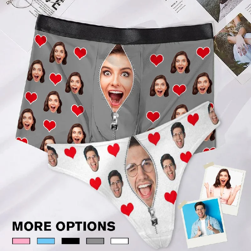 Custom Couple Matching Lingerie Briefs with Funny Heart Zip Face Personalized Photo Underwear For Couple Valentine's Day Gift