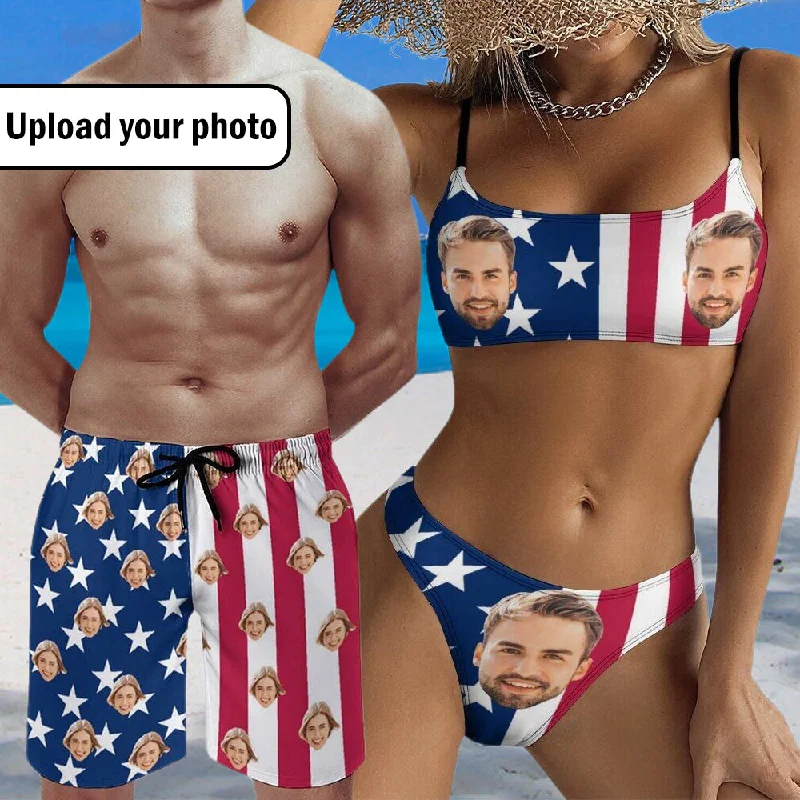 Exquisite Tailoring Couple Matching Swimwear Personalized Bikini & Swim Shorts Custom Face American Flag High Neck Cutout High Waisted Bikini Independence Day