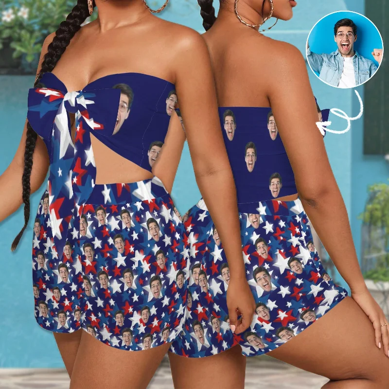 Printing decoration Custom Face Star Pattern Personalized Women's Tie Front Tube Top & Shorts Set - Blue Printing decoration Custom Face Star Pattern Personalized Women's Tie Front Tube Top & Shorts Set - Blue
