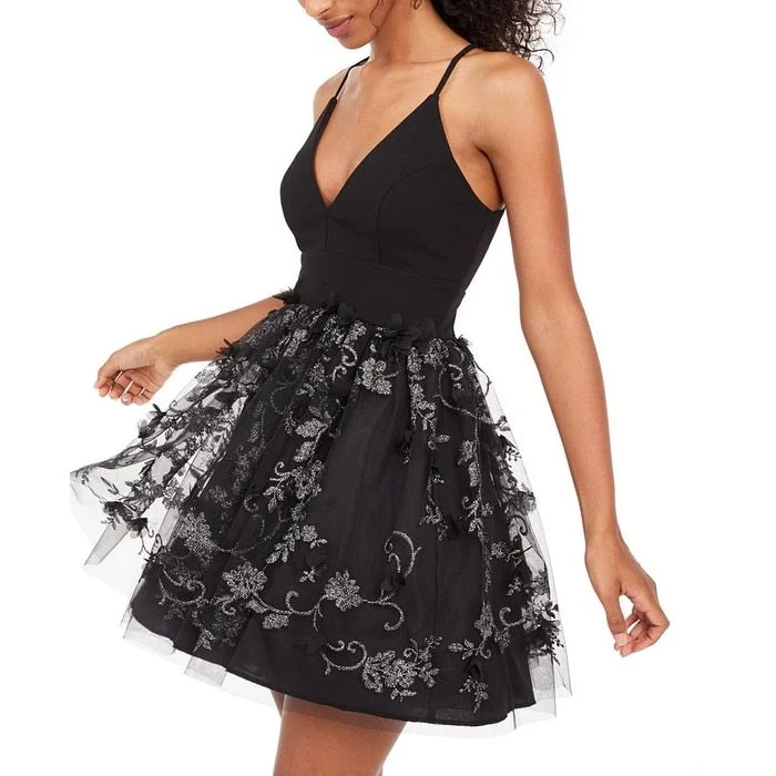 Warm Winter Series Trixxi Women's Textured Floral Spaghetti Strap V Neck Short Evening Fit Flare Dress Black Size 5