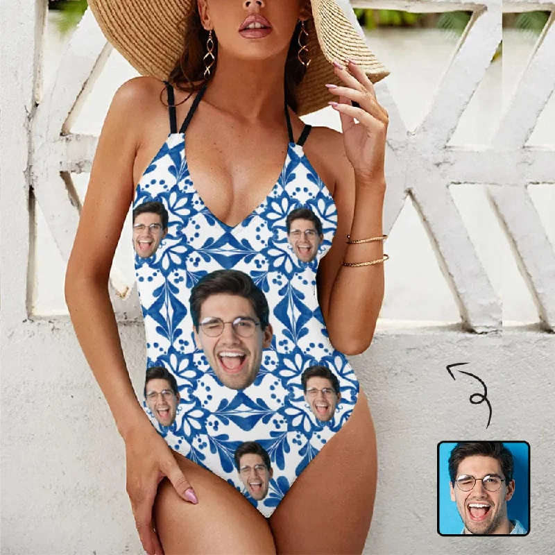 Extra long version Custom Face Blue Pattern Swimsuit Personalized Women's V-neck One Piece Bathing Suit For Her