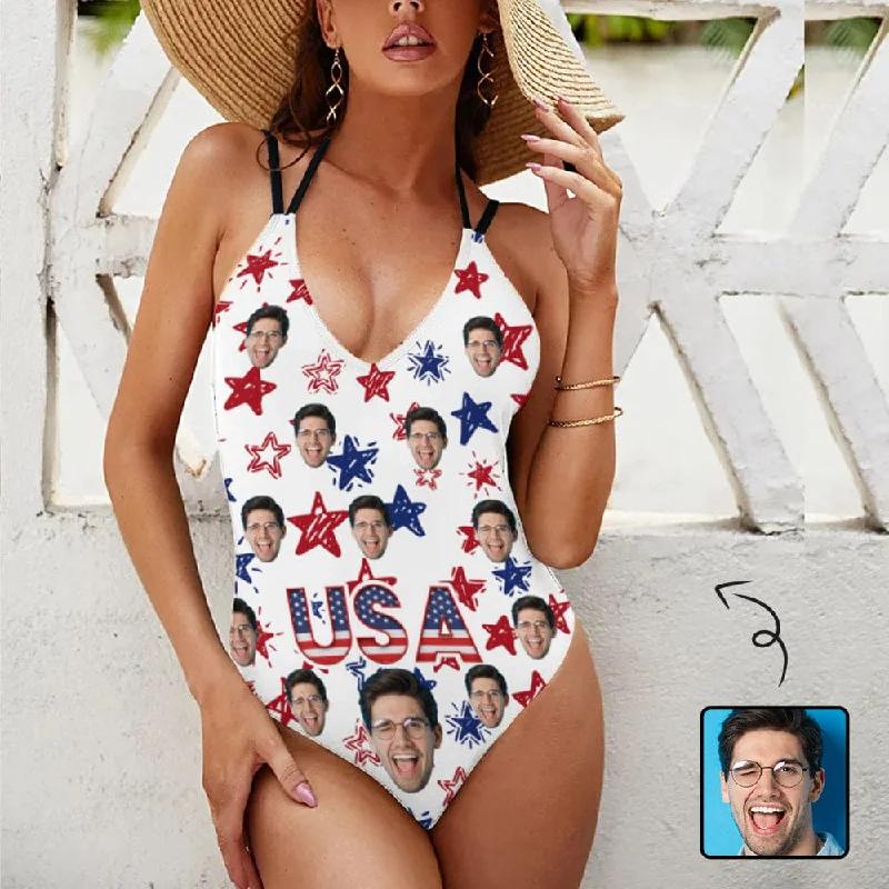 Party Wear Custom Face American Stars Swimsuit Personalized Women's V-neck One Piece Bathing Suit For Her