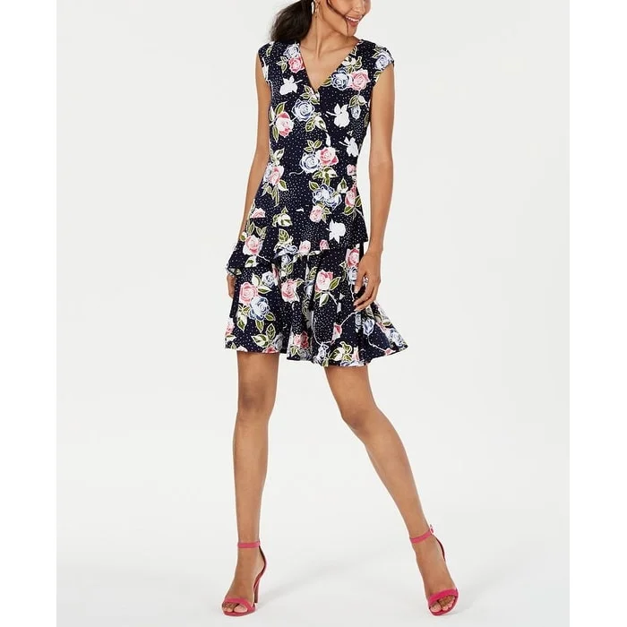 End Of The Year Robbie Bee Women's Triple Ruffle Fit & Flare Dress Blue Size Petite Medium - Petite M