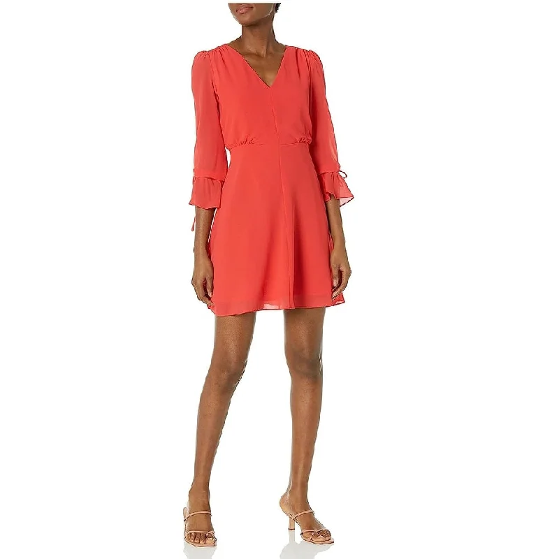 Luxury Style Vince Camuto Women's Tie Zippered Keyhole Chiffon Flutter Sleeve V Neck Short Evening Sheath Dress Coral Size 12