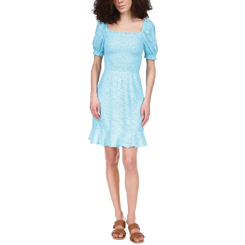 Spring Fashion Michael Kors Women's Eyelet Smocked Peasant Dress Blue Size X-Small