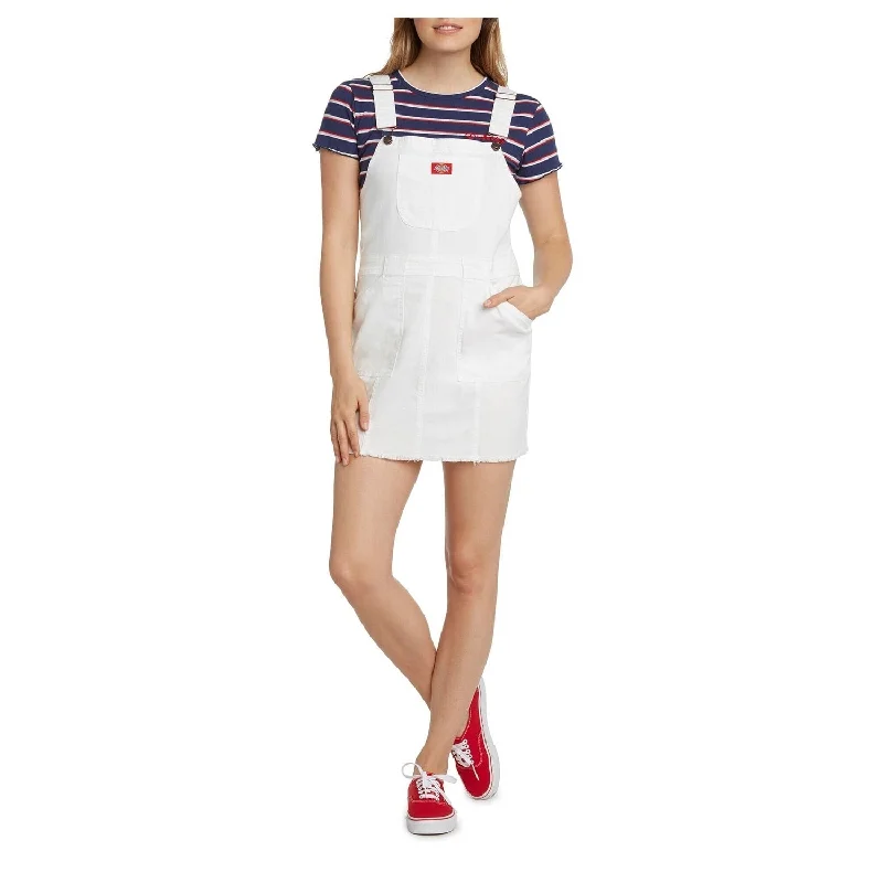 Fresh And Natural Dickies Women's Frayed Pocketed Bib Overall Sleeveless Square Neck Mini Dress White Size Medium