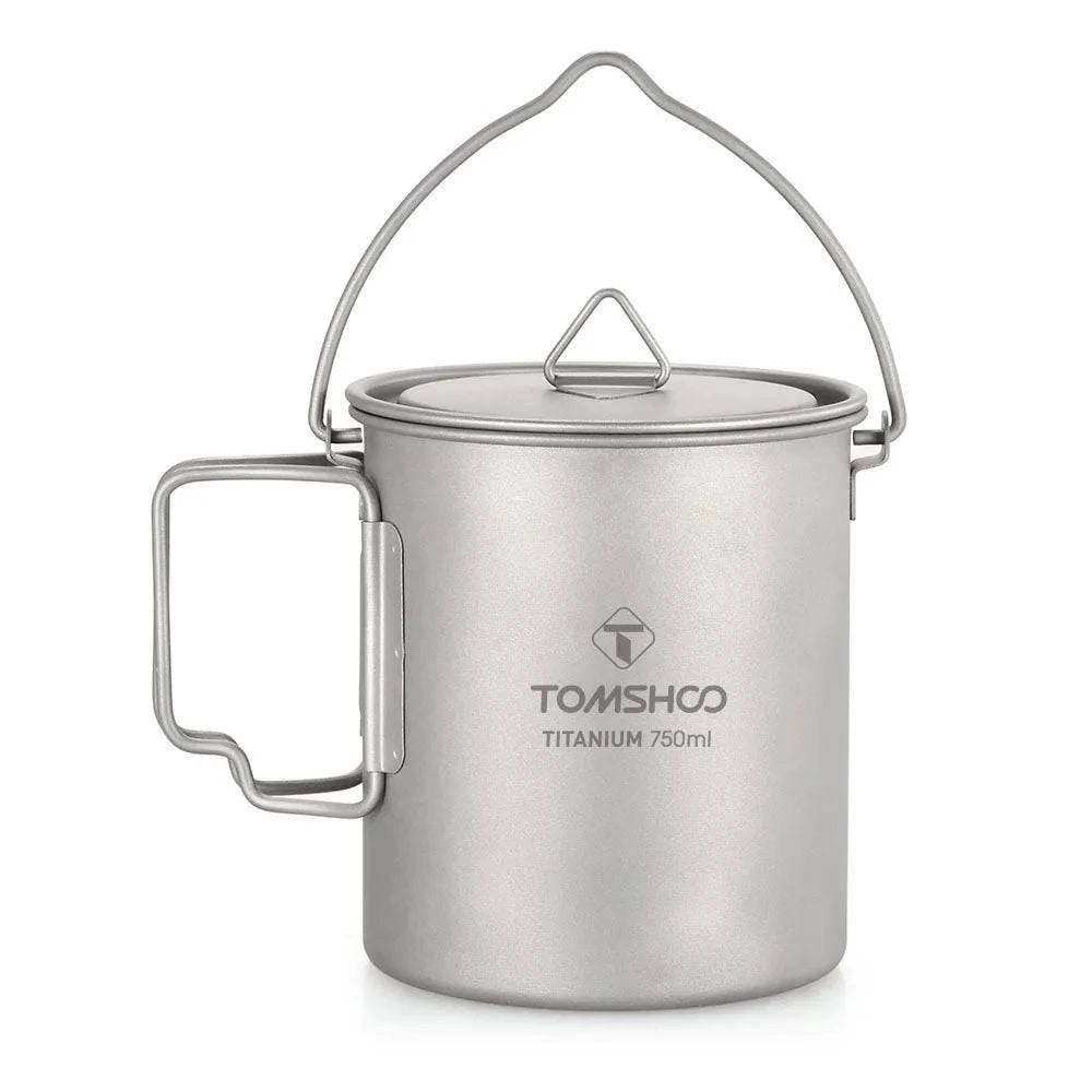 Integrated Design TOMSHOO 750ml Titanium Pot Titanium Water Mug Cup with Lid and Foldable Handle Outdoor Camping Pot Cooking Pots Picnic Hang Pot
