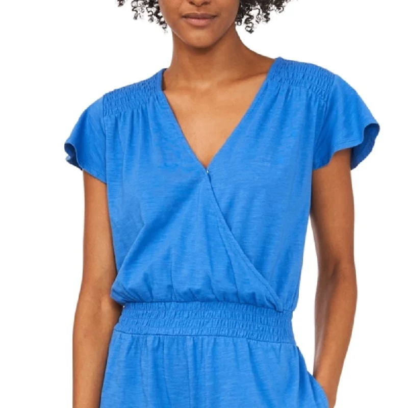Comfortable and simple Riley & Rae Women's Stretch Pocketed Smocked Flutter Sleeve Surplice Neckline Romper Blue Size X-Small