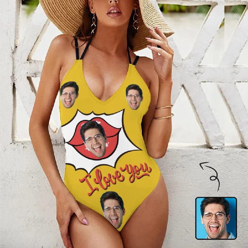 Comfortable and simple Custom Face Lips Swimsuit Personalized Women's V-neck One Piece Bathing Suit For Her