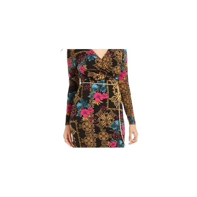 Soft Layers Thalia Sodi Women's Printed Surplice Sheath Dress Black Size X-Large