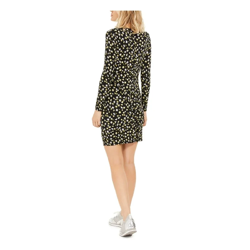 Street Fashion Michael Kors Women's Ruffled Floral Long Sleeve Crew Neck Above The Knee Sheath Dress Black Size Large