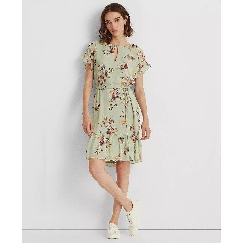 Soft Wear Ralph Lauren Women's Floral Crinkled Georgette Dress Green Size 14