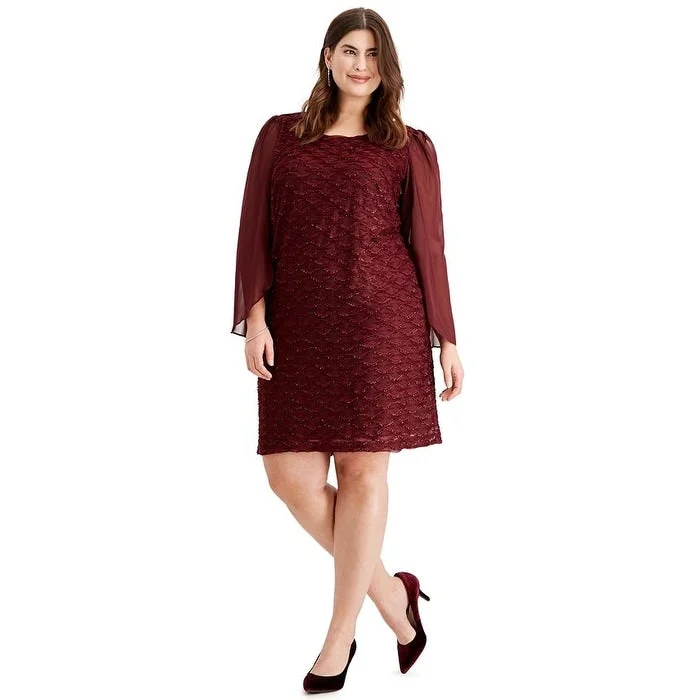 Classic Retro Connected Women's Glitter Long Sleeve Jewel Neck Knee Length Sheath Evening Dress Purple Size 18W
