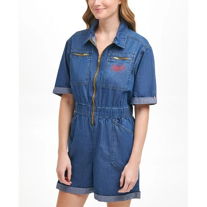 Unique prints Tommy Jeans Women's Smocked Collared Romper Blue Size Large
