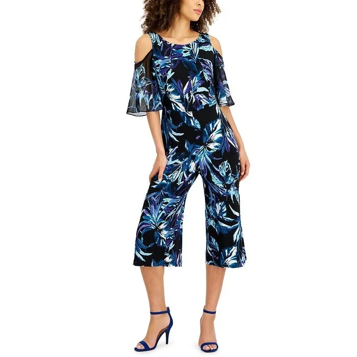 Cute Style Connected Women's Cold Shoulder Printed Jumpsuit Blue Size 10