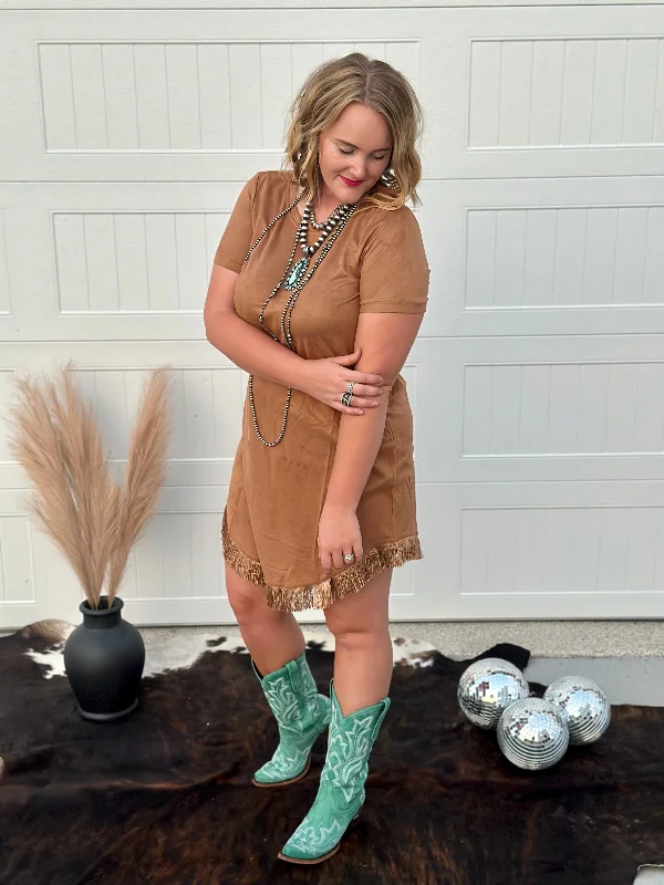Street Letter Style Fringe Suede Dress - Camel