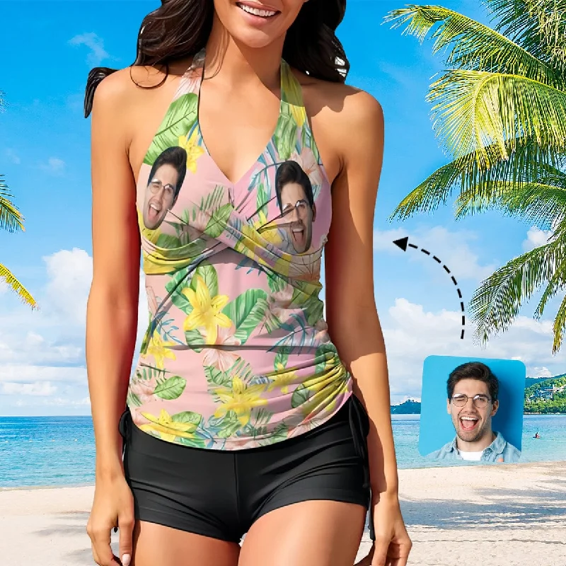 Romantic And Fresh Custom Face Leaves Tankini Personalized Two Pieces Women Swimsuit