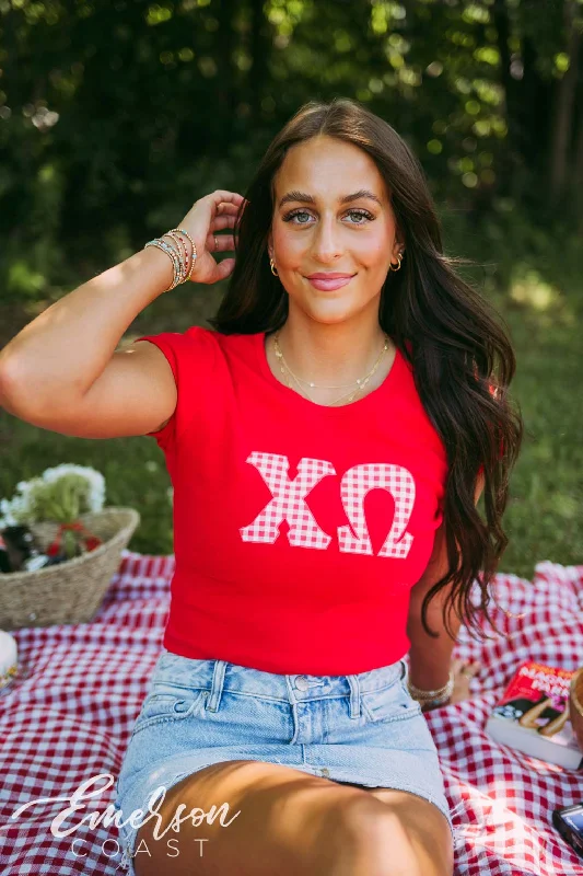 Luxury Customization Chi O Red Gingham Letter Baby Tee