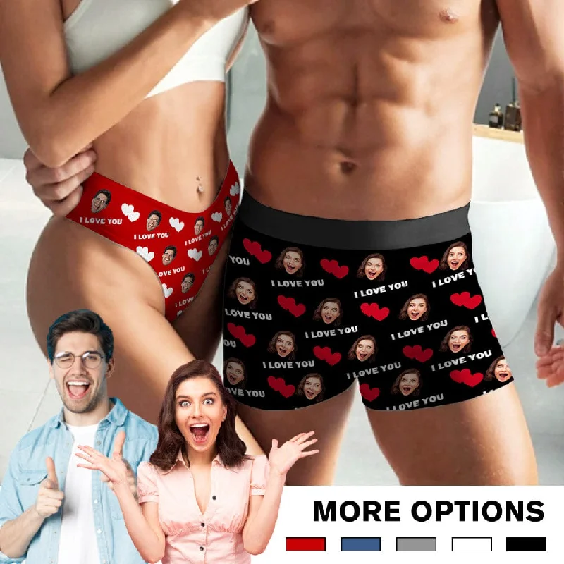 Hip-hop Style Custom Face I Love U Heart Couple Underwear Personalized Women's Classic Thong&Men's Waistband Boxer Briefs For Couple Valentine's Day Gift