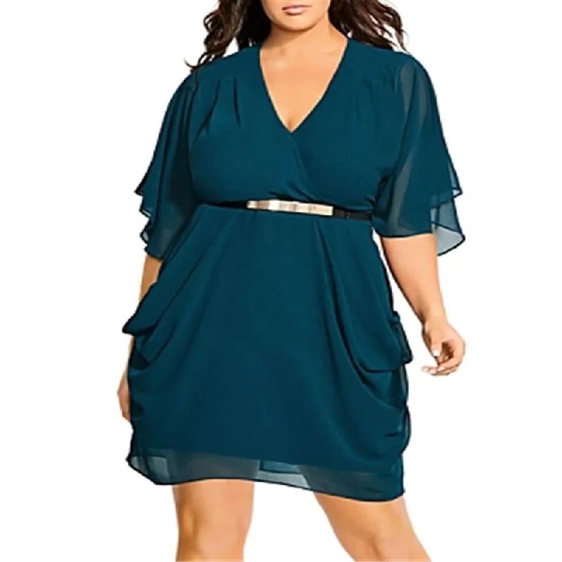 Street Style Suit City Chic Women's Surplice Flutter Sleeve Wrap Dress Green Size XS