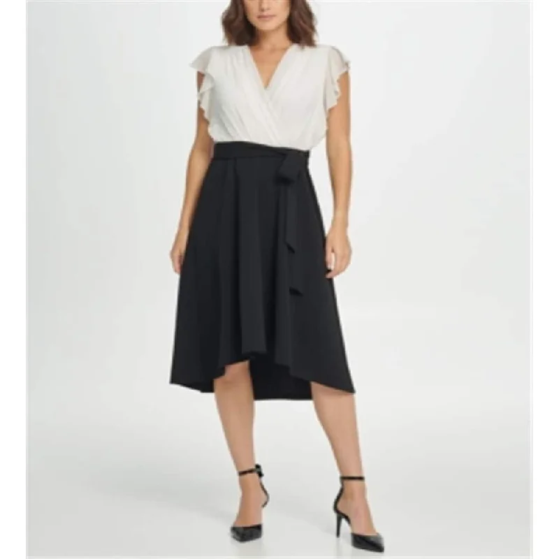 Classic Items DKNY Women's Surplice Ruffle Sleeve Combo MIDI Black Size 16