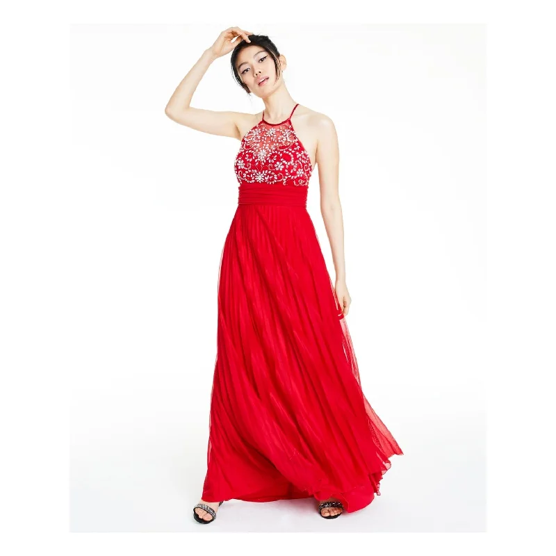 Elegant Design B Darlin Women's Embellished Sleeveless Halter Full Length Prom Fit Flare Dress Red Size 3/4