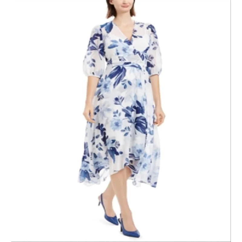 Sports Trend Calvin Klein Women's Printed Chiffon Surplice Dress Blue Size 2