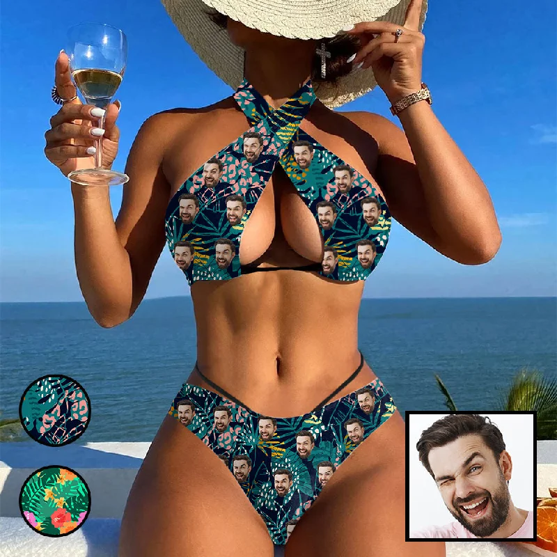 French Style Custom Face Leaves Bikini Personalized Women's Crossover Halterneck Bikini Set Swimsuit Bathing Suit
